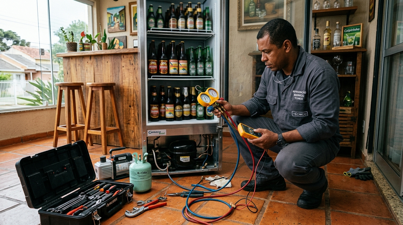 Técnico realizando manutenção de motor de cervejeira no Hauer, Curitiba‑PR