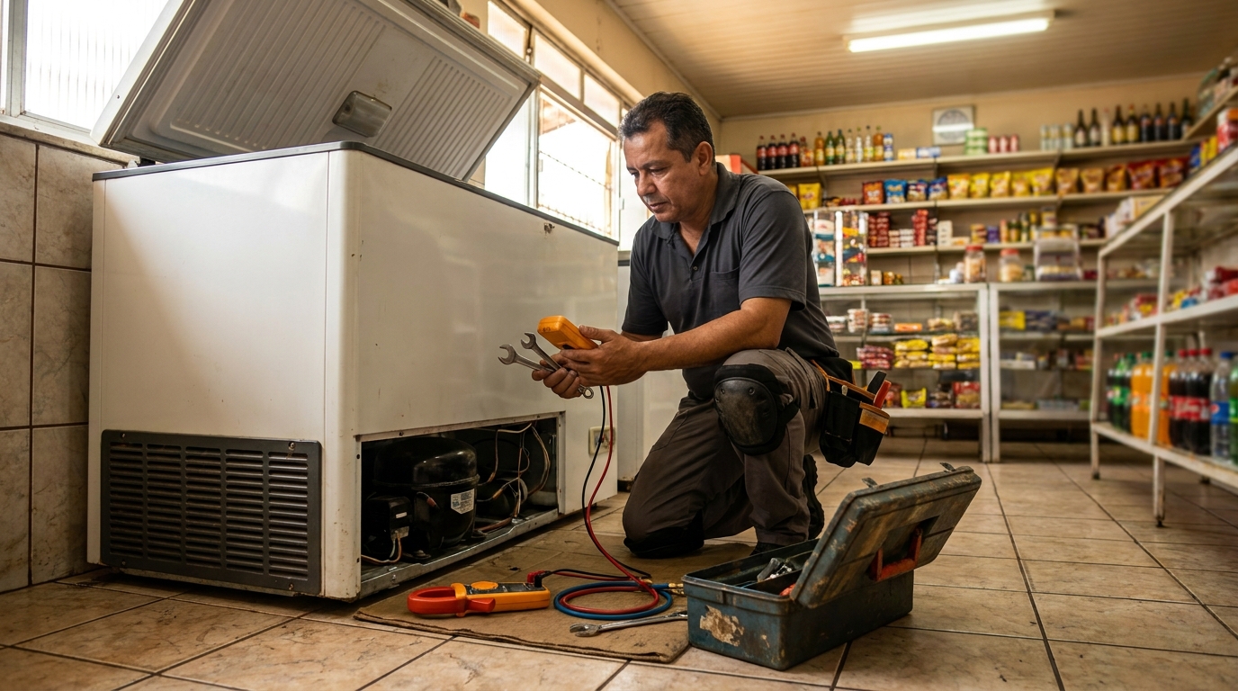 Técnico realizando manutenção de motor de freezer em Uberaba, Curitiba‑PR
