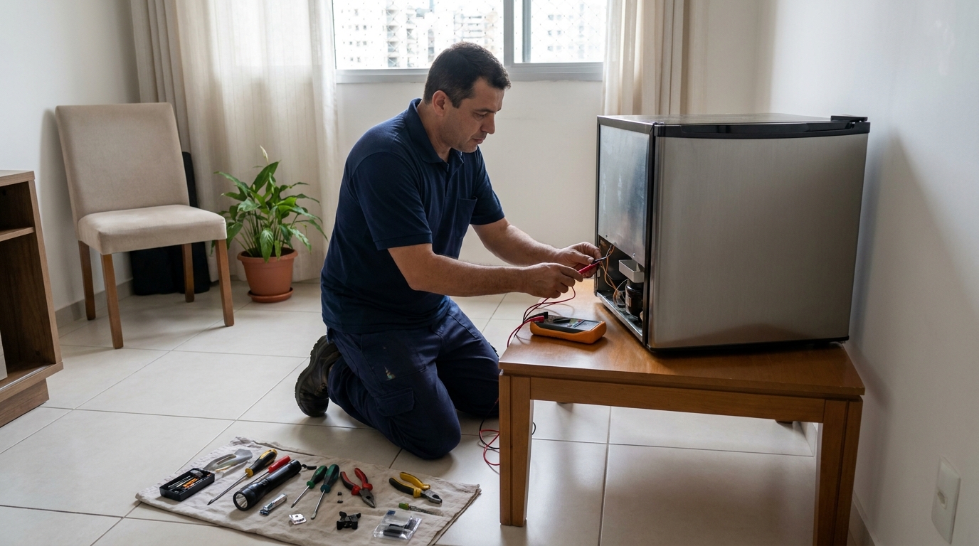 Técnico realizando manutenção de motor de frigobar na Augusta, Curitiba‑PR