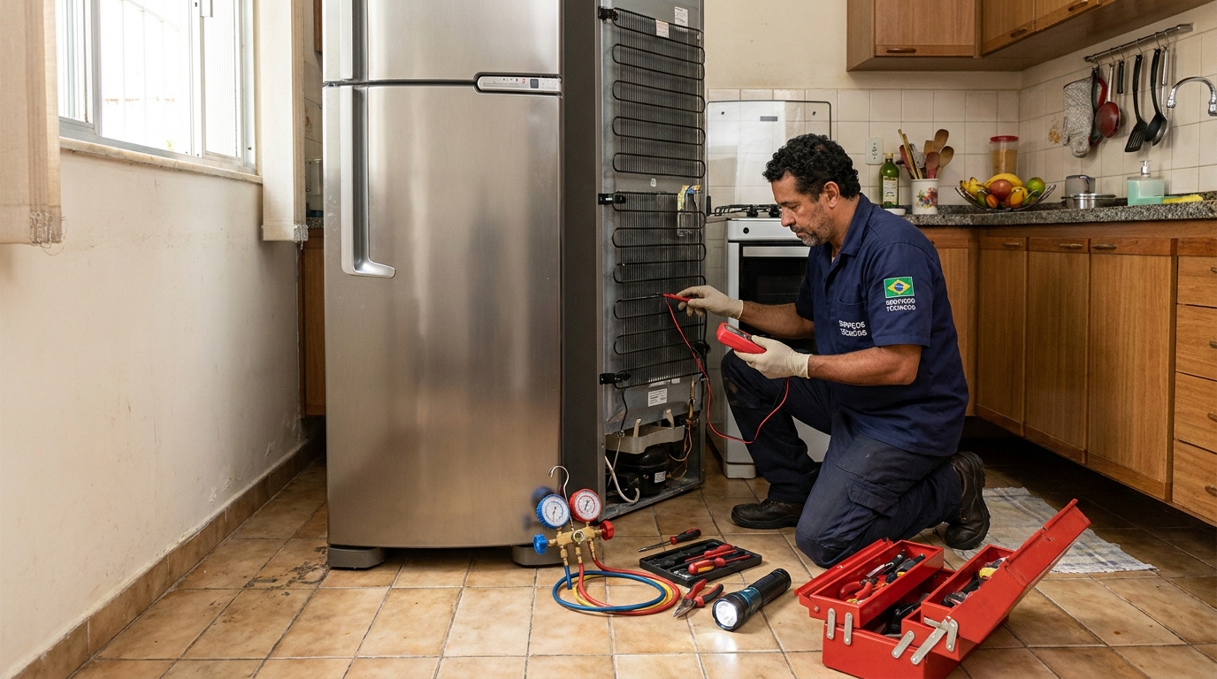 Técnico realizando manutenção de motor de geladeira no Abranches, Curitiba‑PR