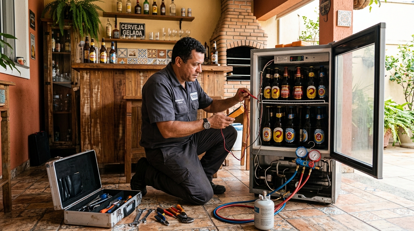 Recarga de gás refrigerante em cervejeira em atendimento no Hauer, Curitiba‑PR