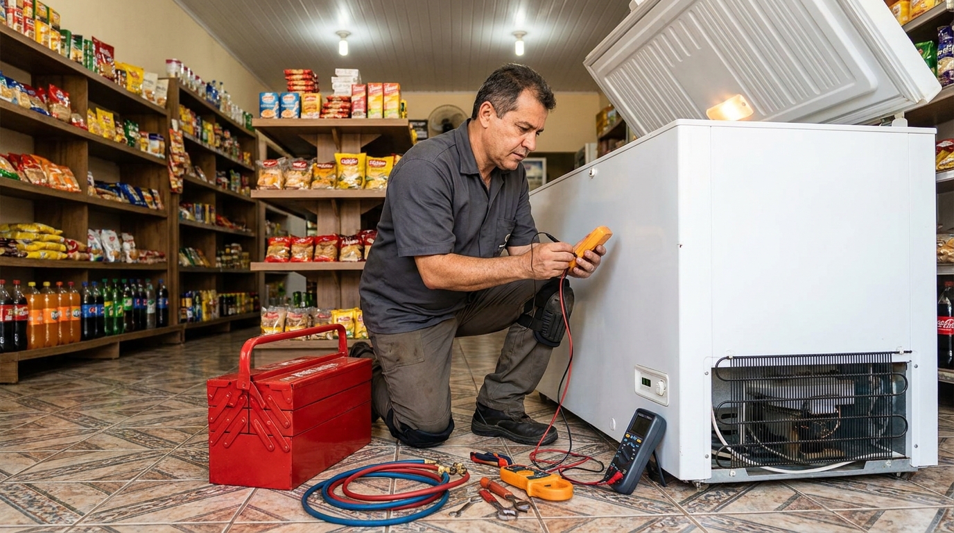 Recarga de gás refrigerante em freezer em atendimento em Uberaba, Curitiba‑PR