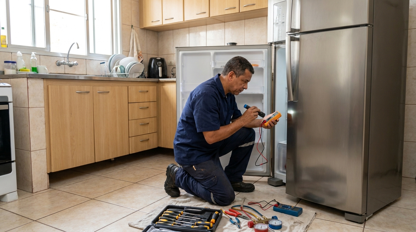 Recarga de gás refrigerante de geladeira em atendimento no Abranches, Curitiba‑PR