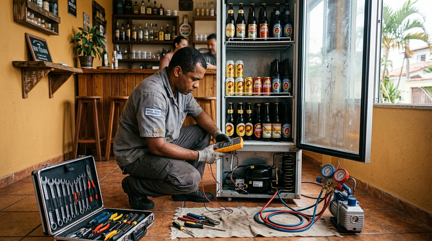 Troca de termostato de cervejeira em atendimento técnico no Hauer, Curitiba‑PR