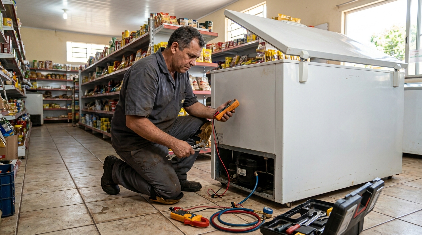 Troca de termostato de freezer em atendimento técnico em Uberaba, Curitiba‑PR